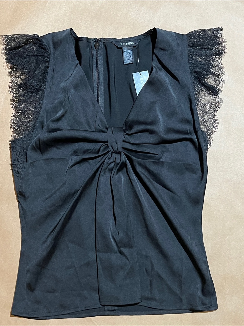 Express Black Lace Cap-Sleeve Twist-Front Blouse